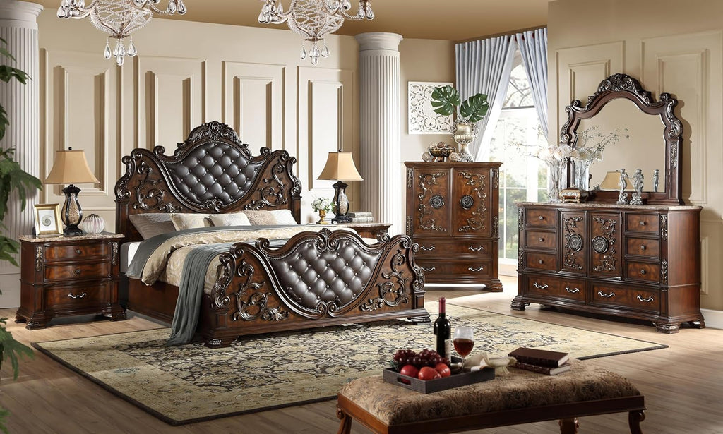 First of a Kind Santa Monica Traditional 5 Piece King Bedroom Set with Upholstered Tufted Headboard Elegant Classic Design Coordinated Furniture Collection, Cherry