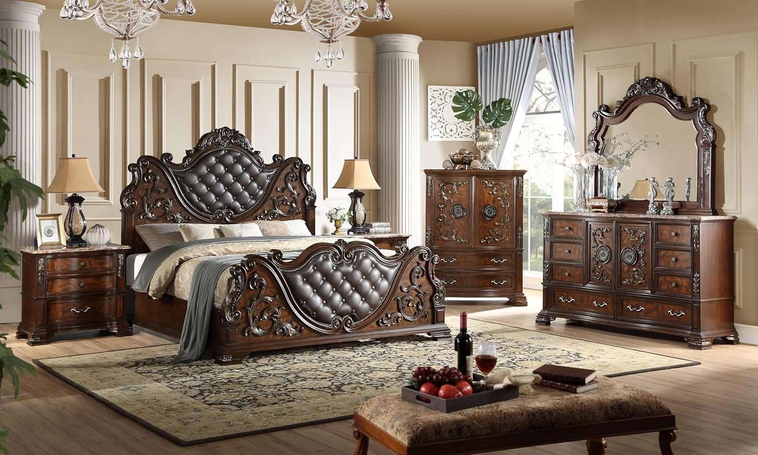 First of a Kind Santa Monica Traditional 5 Piece King Bedroom Set with Upholstered Tufted Headboard Elegant Classic Design Coordinated Furniture Collection, Cherry