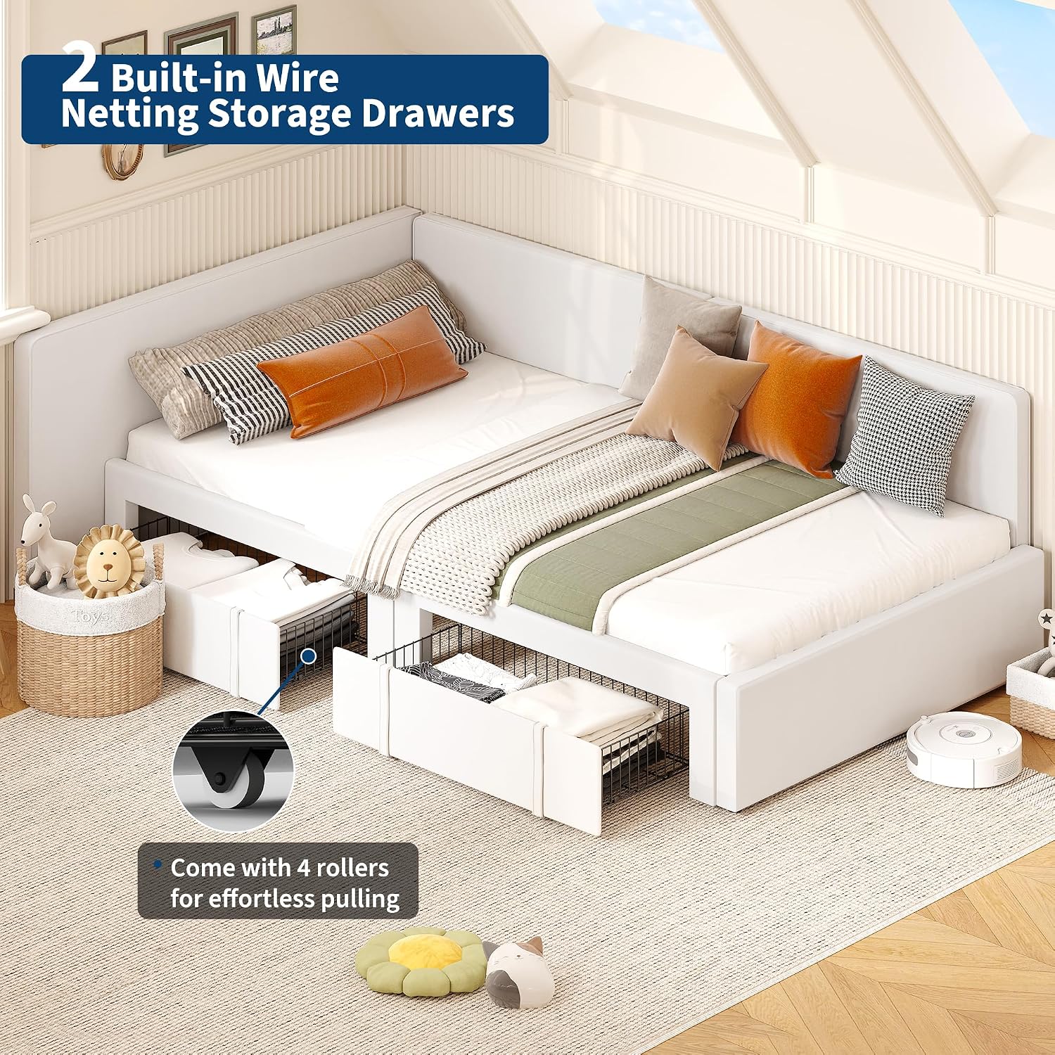 GarveeHome Twin Daybed with Storage Drawers, Velvet Upholstered Corner Bed Frame with Headboard, Modern Kids Bed with Bed Rails for Living Room, Bedroom, Easy Assembly, Beige