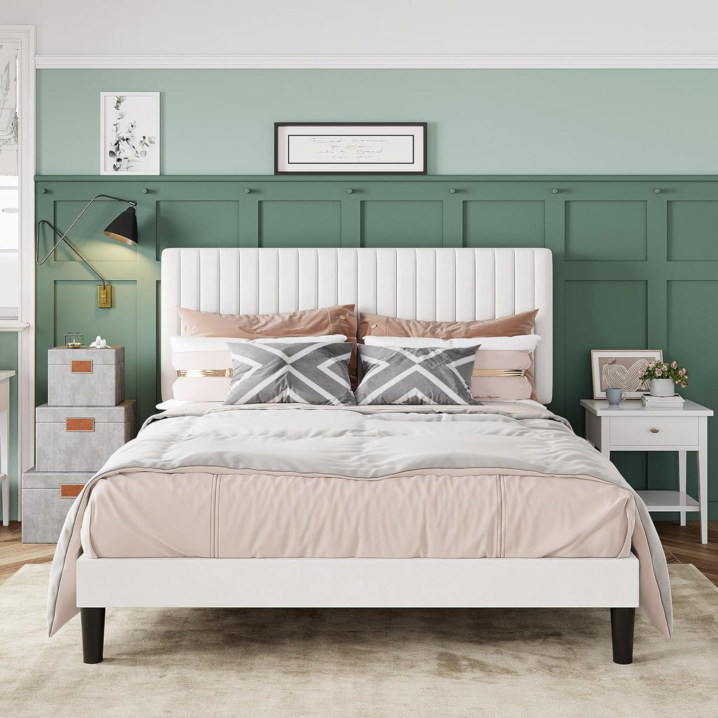 Allewie Full Bed Frame, Velvet Upholstered Platform Bed with Adjustable Vertical Channel Tufted Headboard, Mattress Foundation with Strong Wooden Slats, Box Spring Optional, Easy Assembly, Off-White