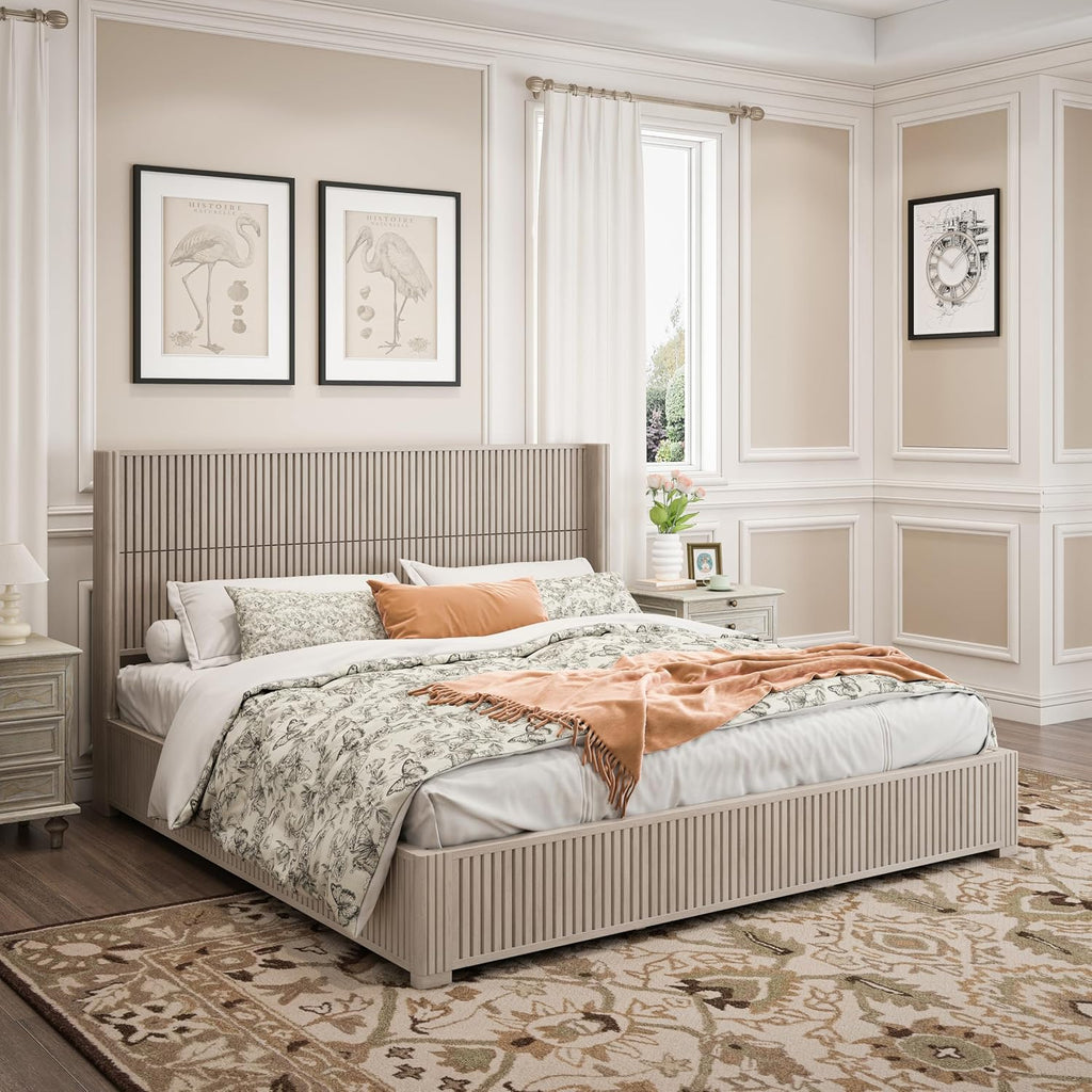 King Size Solid Wood Platform Bed Frame with wingback Headboard, Wood Platform Bed Frame Low Profile with 80.04' Headboard, Solid Wood Leg/No Box Spring Needed/Noise Free/Beige