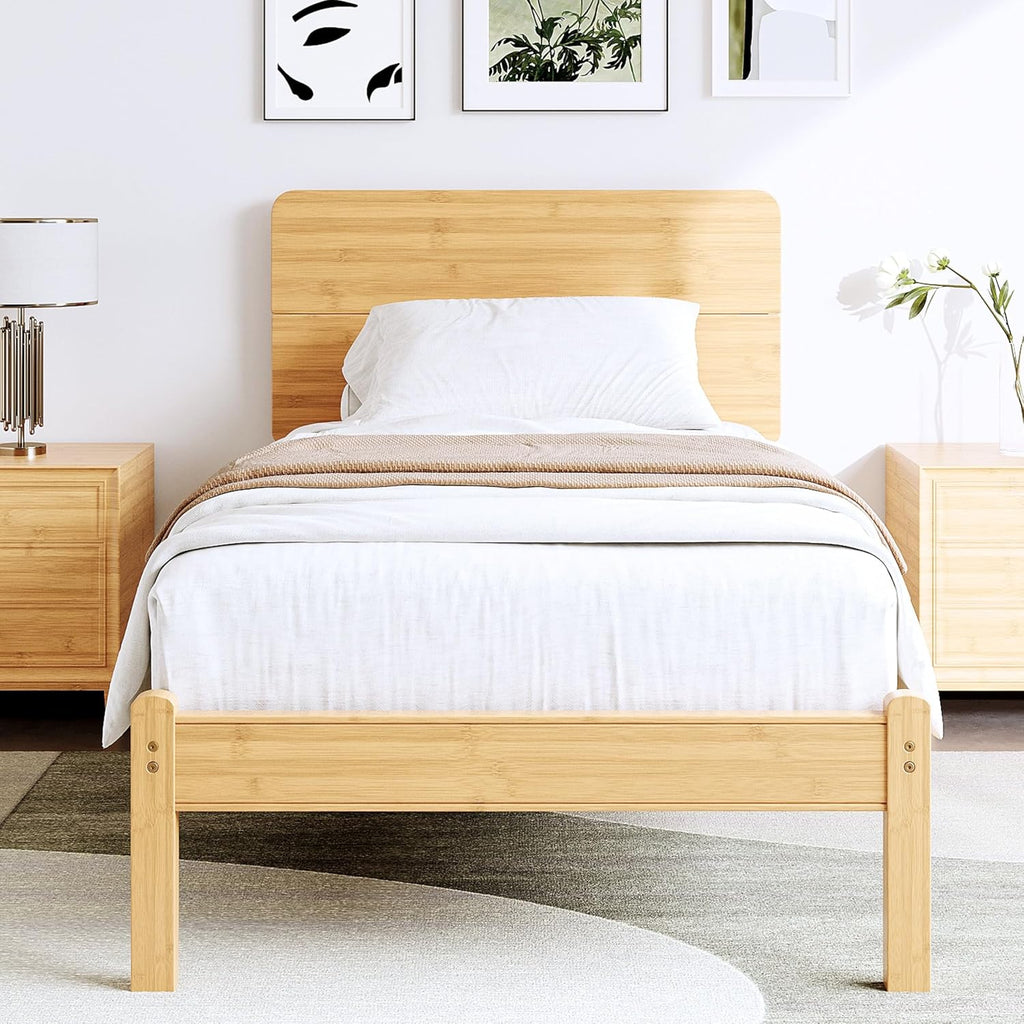 BOSRII 14in High Solid Bamboo Wood Platform Twin XL Bed Frame with Headboard, Reinforced Heavy Duty Metal Slats, Noise Free, No Box Spring Needed, Easy Assembly