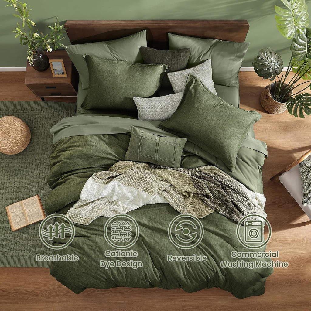 Monbix Super King Comforter Set, Olive Green Cationic Dyeing Bedding Set Reversible, Bed in a Bag 7 Pieces with Comforter, Sheets, Pillowcases & Shams