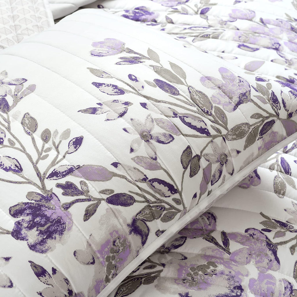 Lush Decor Tanisha Reversible Floral Quilt Set, 5 Piece Set, King, Gray & Purple - Elegant Floral Bedding Set - Purple Lavender Quilt - Beautiful Flower Print - Modern Farmhouse & Cottage Home Decor