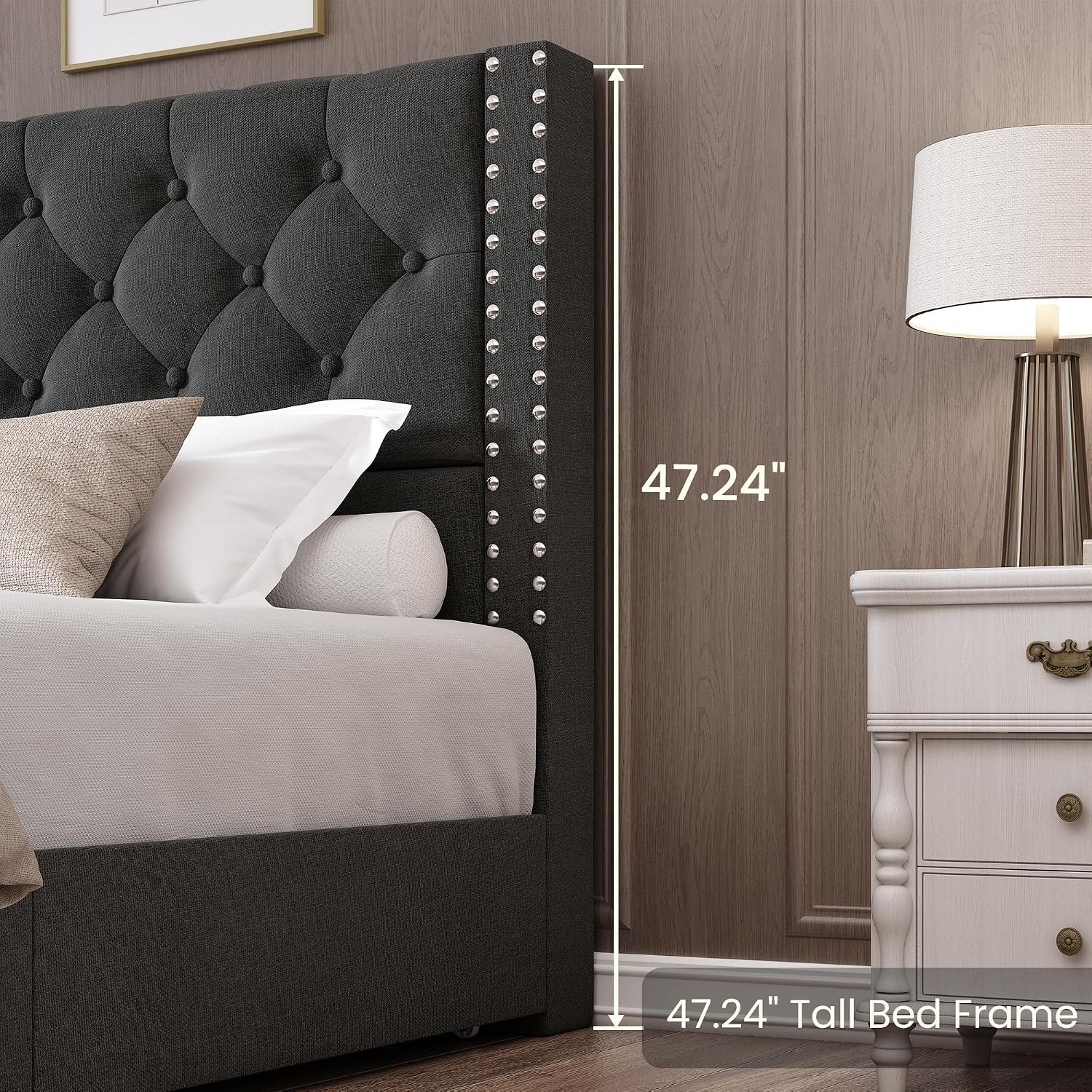 LARMACE Queen Size Bed Frame with 4 Storage Drawers and Tufted Headboard Linen Upholstered Platform Bed Frame with Heavy Duty Wood Slats, No Box Spring Needed, Easy Assembly, Grey