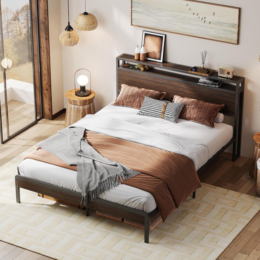 LIKIMIO Queen Bed Frame with Headboard, Dark Wood Camas Queen with Strong Supports, Sturdy, Noise-Free, No Box Spring Needed, Dark Brown