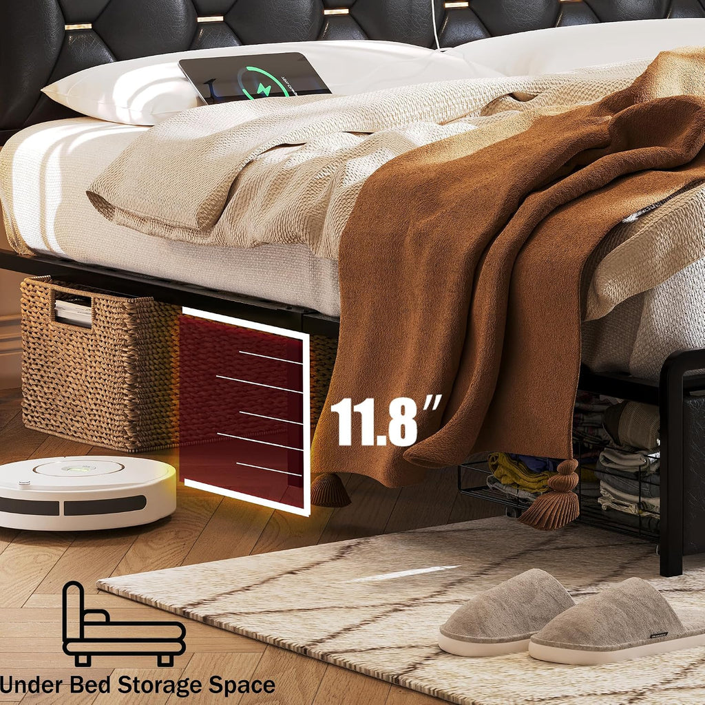 Ailisite King Size Bed Frame with 2 Storage Drawers, Faux Leather Upholstered King Bed Frame with Headboard and Storage and Charging Station, Led Bed, Heavy-Duty Metal Slats Support, Noise-Free,Black