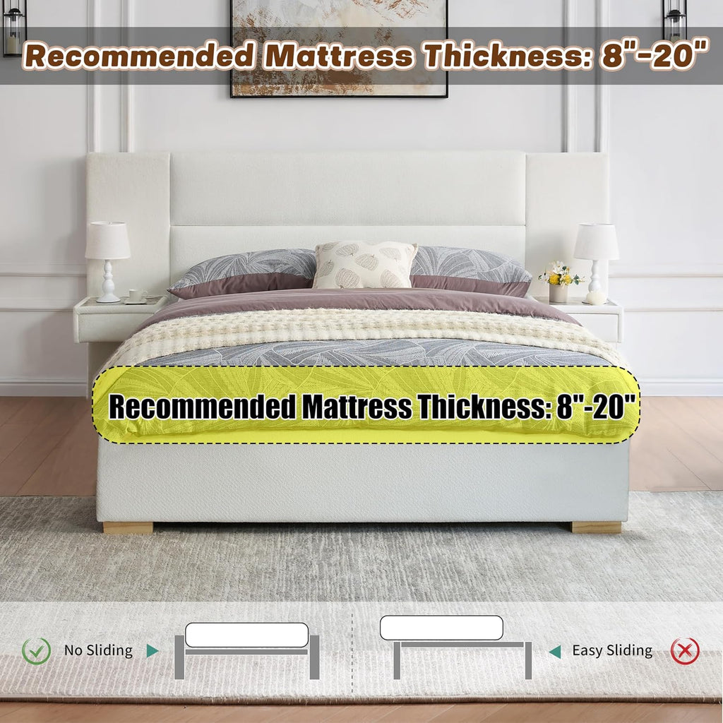 Queen Size Upholstered Platform Bed Frame with 2 Side Storage Drawers & Built-in Nightstands, Linen Headboard, Sturdy Metal Frame, Noise-Free, No Box Spring Needed, White