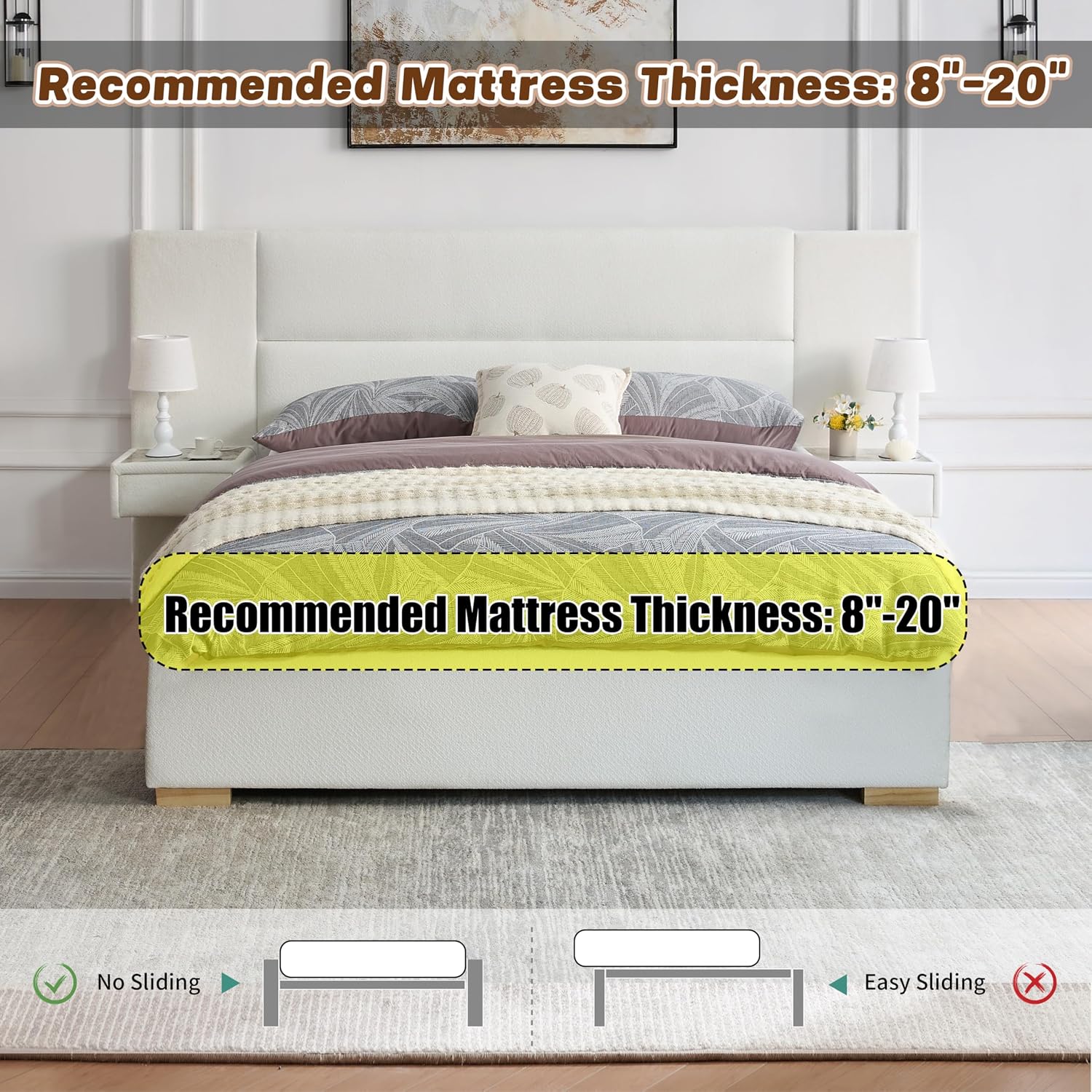 Queen Size Upholstered Platform Bed Frame with 2 Side Storage Drawers & Built-in Nightstands, Linen Headboard, Sturdy Metal Frame, Noise-Free, No Box Spring Needed, White