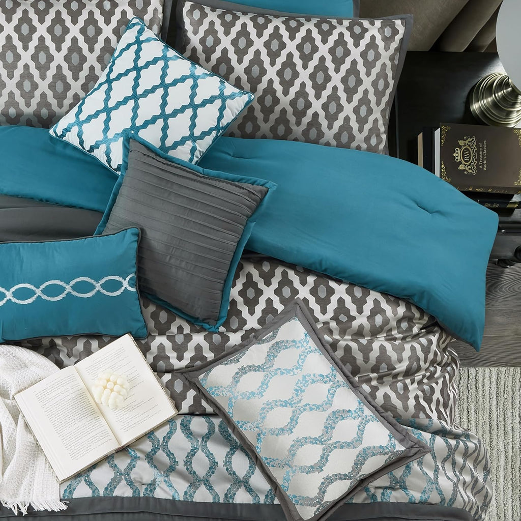 Stratford Park Geometirc California King Blue Comforter Set, 12 Piece, Jacquard Bedding Comforters & Sets, Bedskirt, Pillows, Euro Shams & Curtains Ultra-Soft