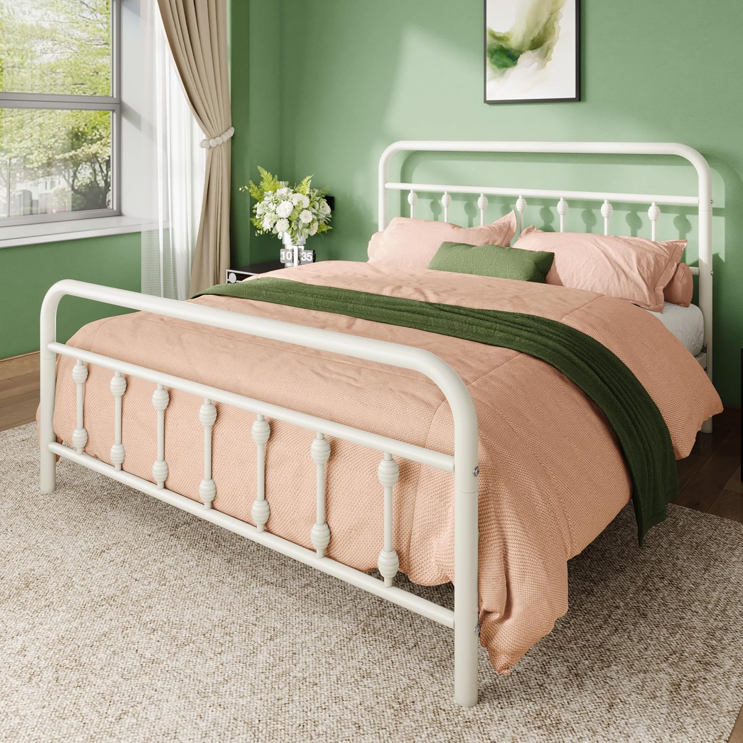Allewie 14 Inches Full Size Metal Platform Bed Frame with Victorian Style Iron-Art Headboard/Footboard, Mattress Foundation, Easy Assembly, Under Bed Storage, No Box Spring Required, Off White
