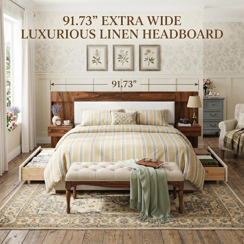 Queen Size Wood Bed Frame with Built-in Nightstands, Linen Platform Bed Frame with 2 Drawers, Natural Wood Grain & Luxury Upholstered Storage Headboard，No Box Spring Needed, Easy Assembly, Cream