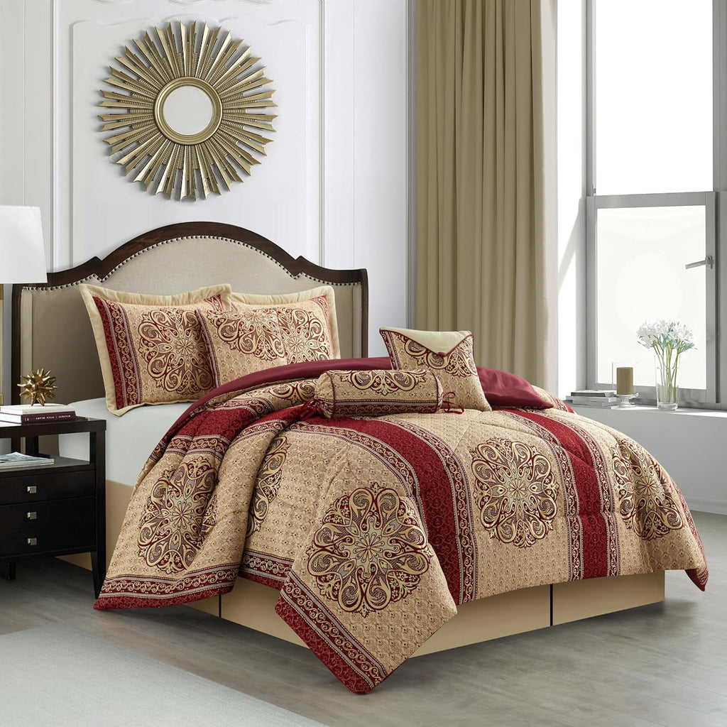 Stratford Park Gold/Wine Bedroom Comforter Sets Queen, 7 Piece, Burgundy Home Decor, Premium Lightweight Microfiber, Bedskirt, Pillows & Shams