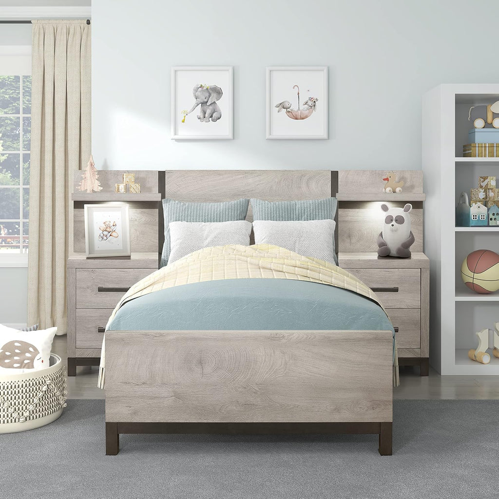 Lexicon Azalea Nightstand with Wall Panel, Light Gray/Gunmetal