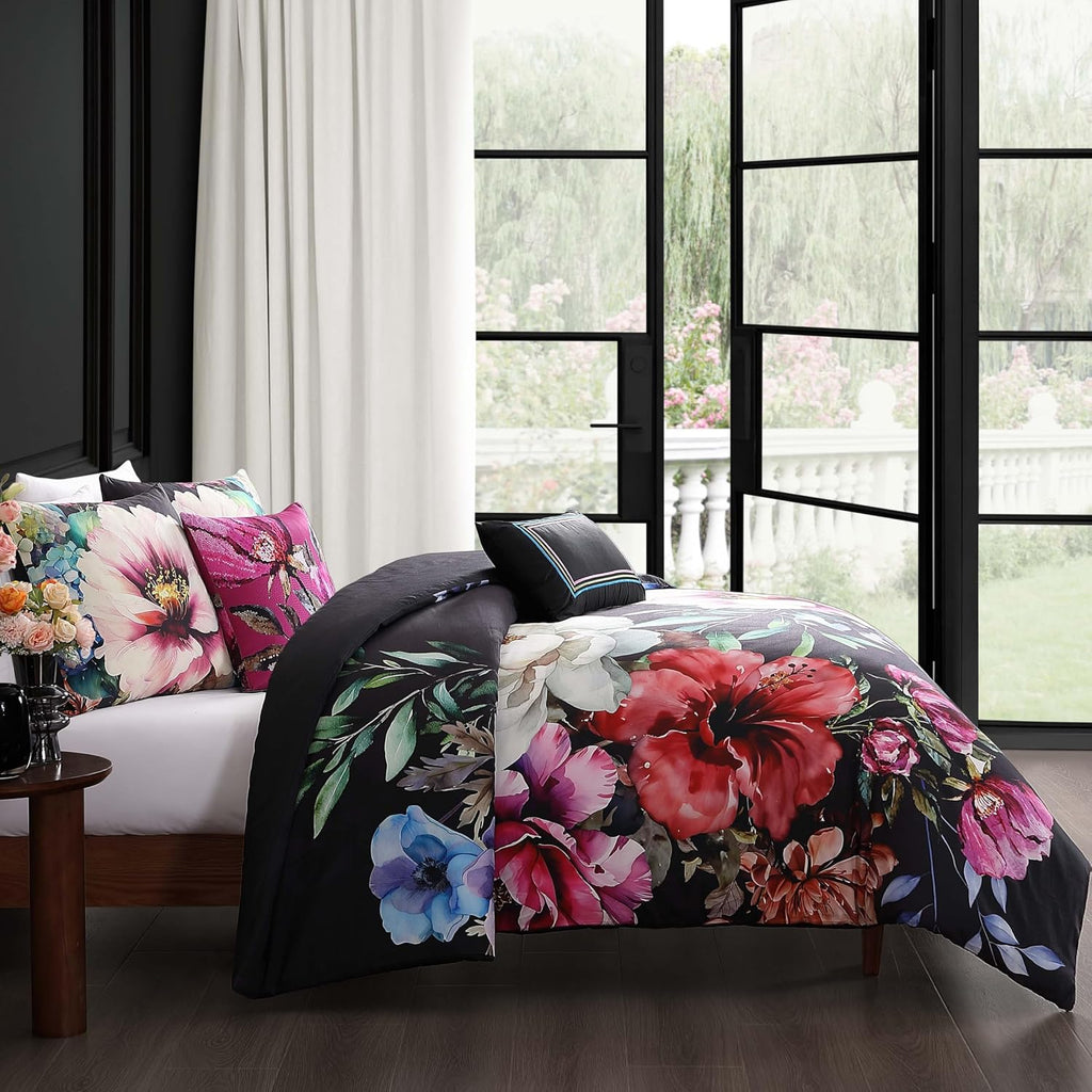 Bebejan Black Night Poppies 5 Piece Comforter Set, 100% Cotton Sateen, 220 Thread Count, Reversible Bedding Comforter Set, 1 Comforter, 2 Shams & 2 Pillows (Full/Queen)