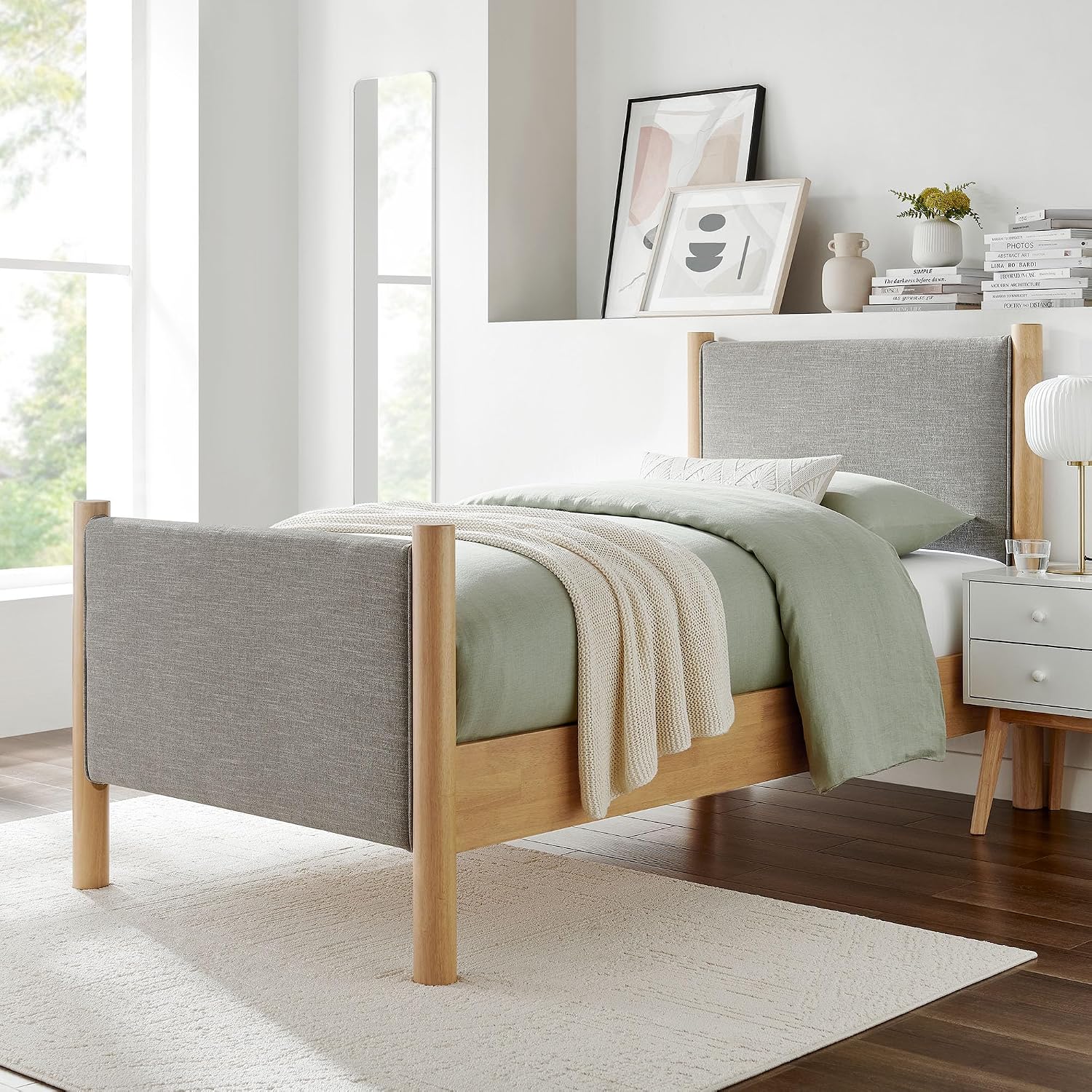 Modway Maven Twin Size Bed Frame in Wheat Oak with Upholstered Fabric Headboard and Footboard – Wood Twin Platform Bed Frame – No Box Spring Needed