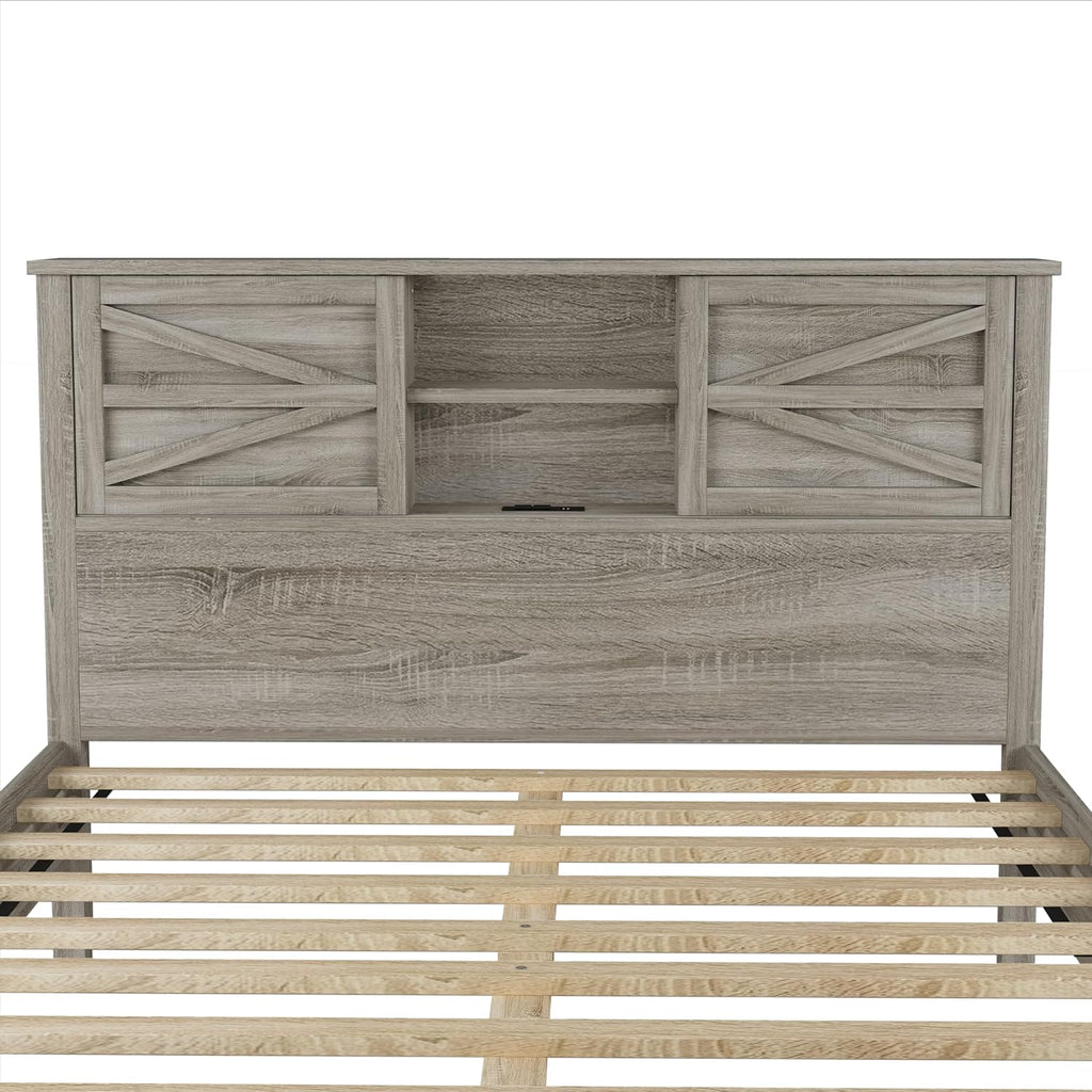 LUMISOL 3 Pieces Bedroom Sets,Farmhouse Platform Bed with Storage Nightstand and Dresser, Queen Size Bed Frame with Storage Headboard and Charging Station, Antique Grey