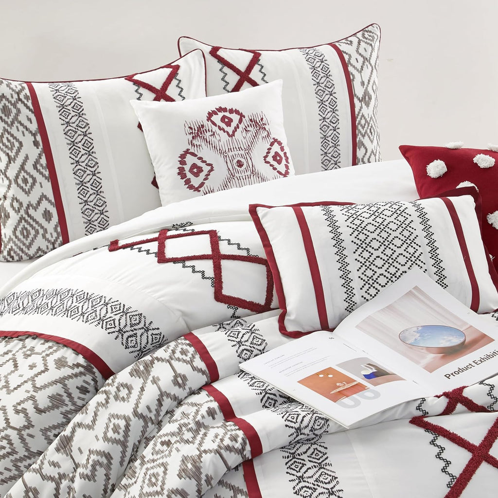 Grand Avenue White Red Comforter Set King Size, 7 Piece Terry Embroidery All Season Bedding Set, Bedskirt, Pillows & Shams