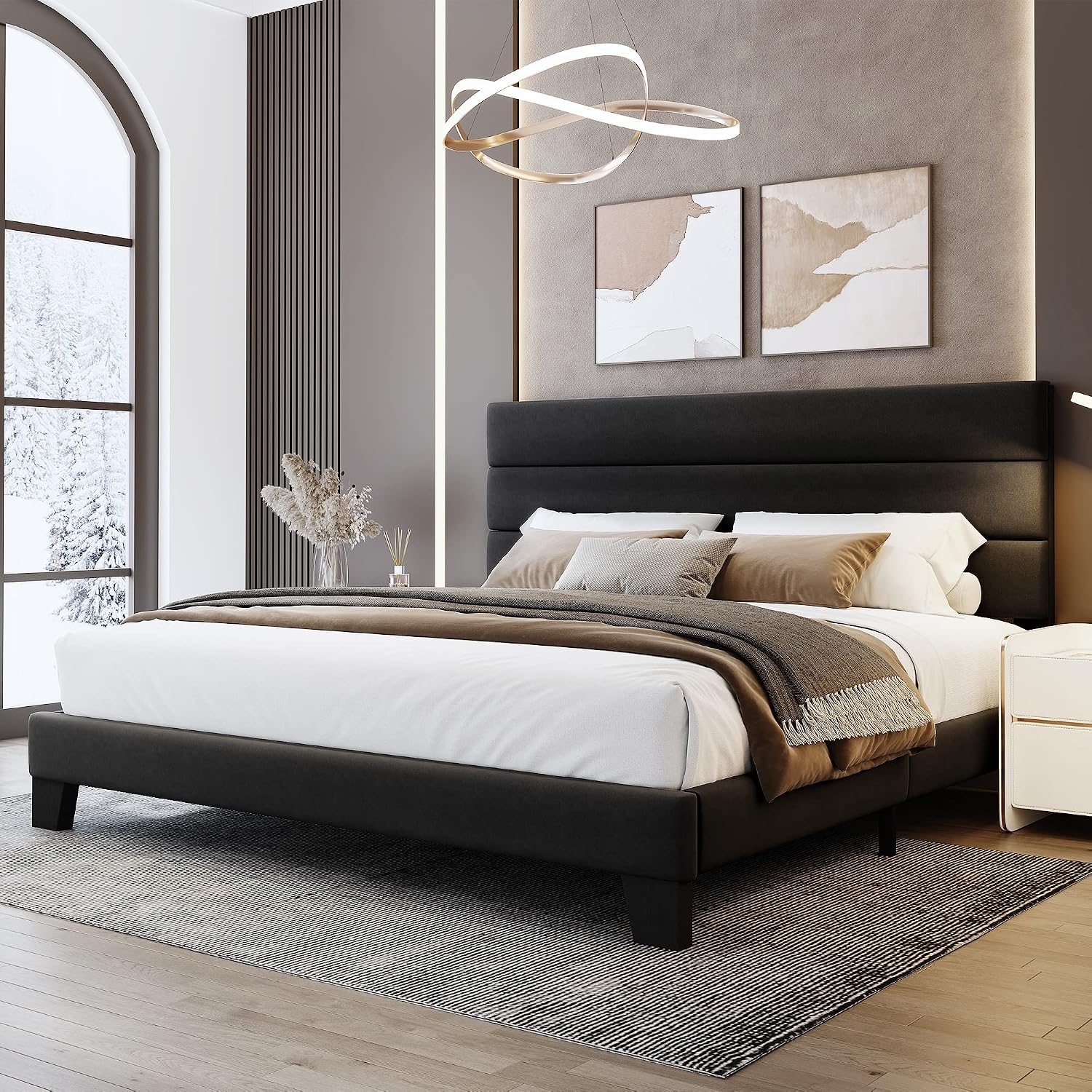 WEEWAY King Bed Frame Platform Bed with Velvet Upholstered Headboard and Wooden Slats Support, Heavy Duty Mattress Foundation, No Box Spring Needed, Easy Assembly, Black
