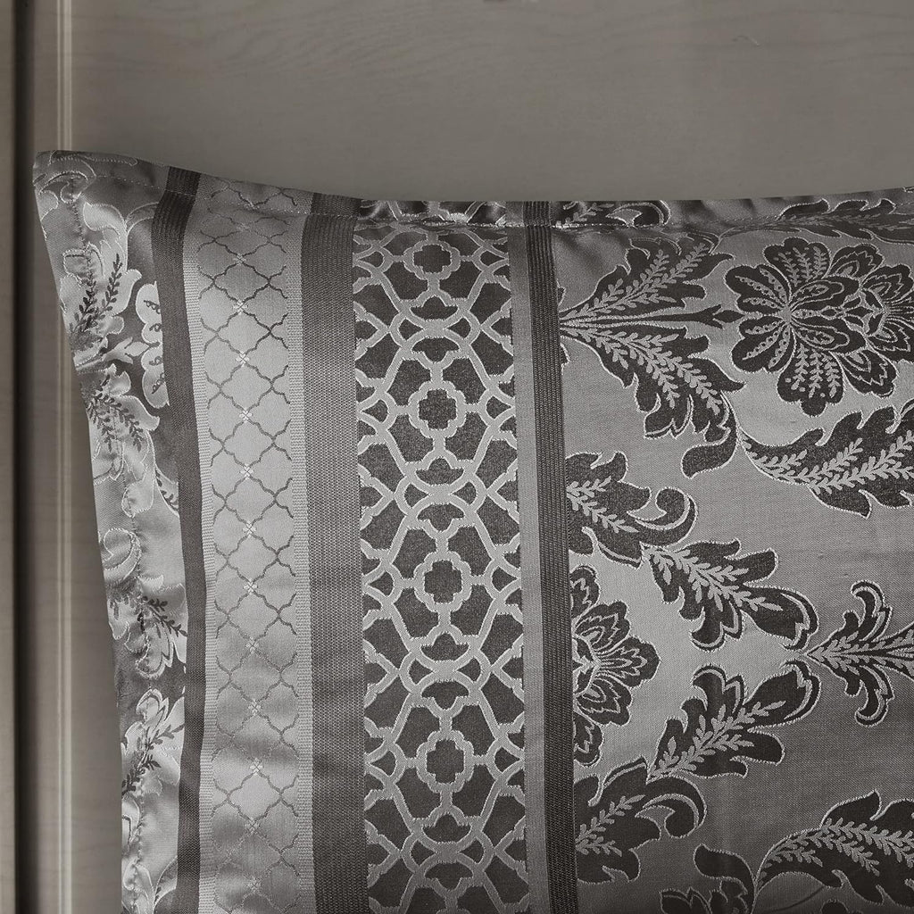 Madison Park Bellagio Cozy Comforter Set - Luxurious Jaquard Traditional Damask Design, All Season Down Alternative Bedding with Matching Shams, Decorative Pillow, King(104'x92') , Grey 7 Piece