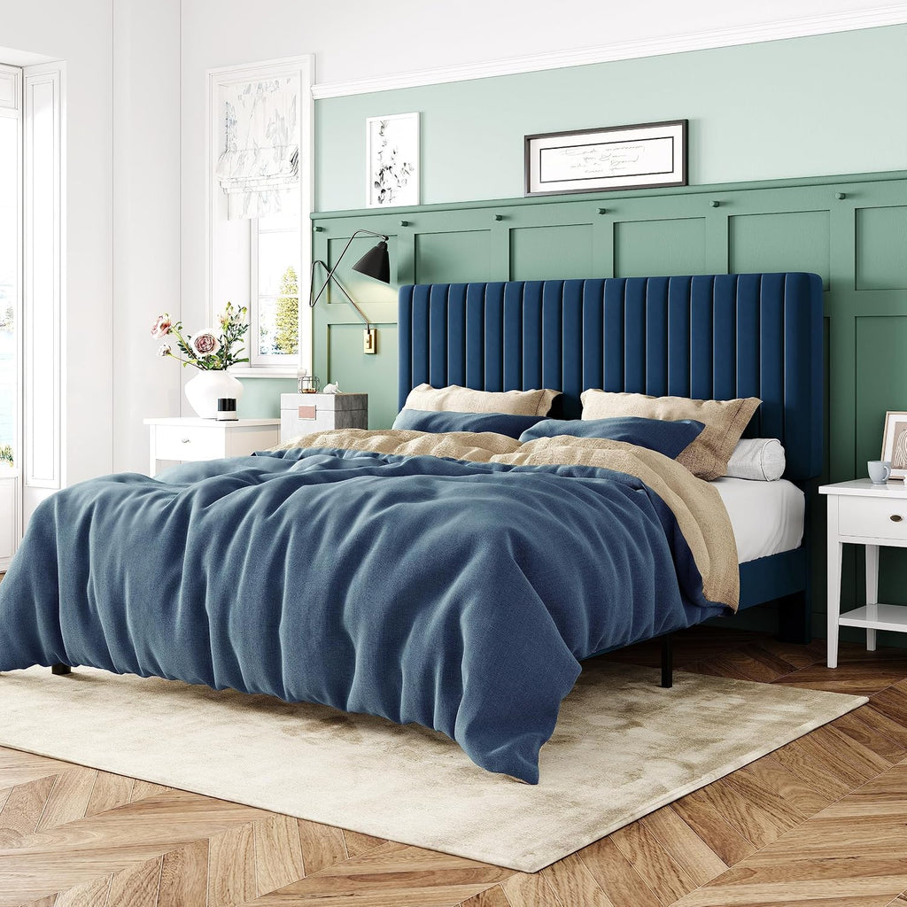 Allewie Full Bed Frame, Velvet Upholstered Platform Bed with Adjustable Vertical Channel Tufted Headboard, Mattress Foundation with Strong Wooden Slats, Box Spring Optional, Easy Assembly, Navy Blue