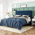 Allewie Full Bed Frame, Velvet Upholstered Platform Bed with Adjustable Vertical Channel Tufted Headboard, Mattress Foundation with Strong Wooden Slats, Box Spring Optional, Easy Assembly, Navy Blue