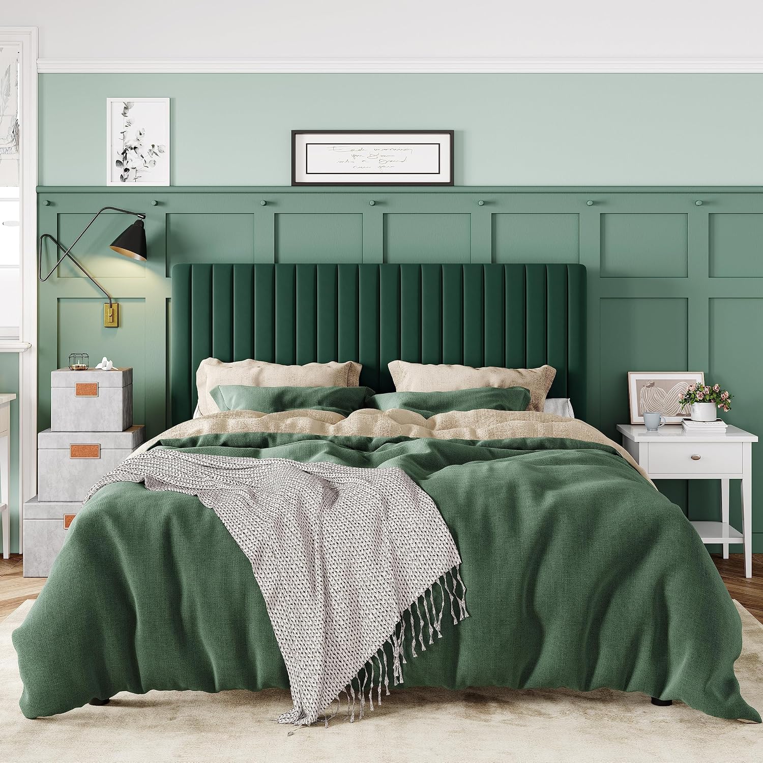 Allewie Full Bed Frame, Velvet Upholstered Platform Bed with Adjustable Vertical Channel Tufted Headboard, Mattress Foundation with Strong Wooden Slats, Box Spring Optional, Easy Assembly, Green