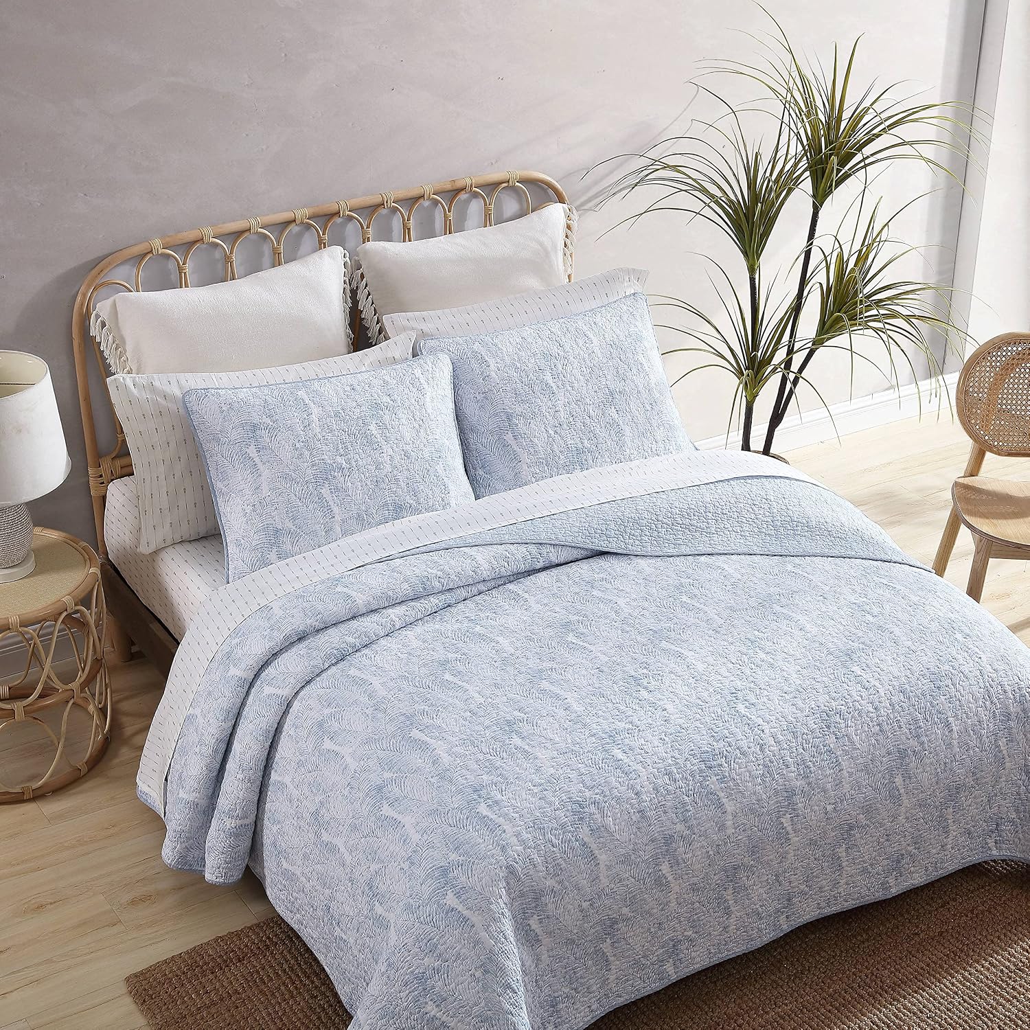 Tommy Bahama - King Quilt Set, Reversible Cotton Bedding with Matching Sham, Coastal Bedding Set with Textured Reverse (Distressed Water Leaves Blue, King)