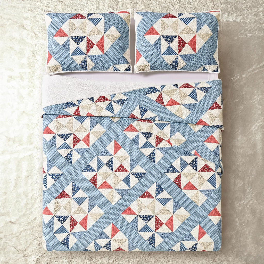 Modern Heirloom Americana Heartland Quilt Set, King, Red White Blue | Pieced Sashing with Printed Star & Pinwheel Blocks| Cotton Face and Fill| 3-Piece