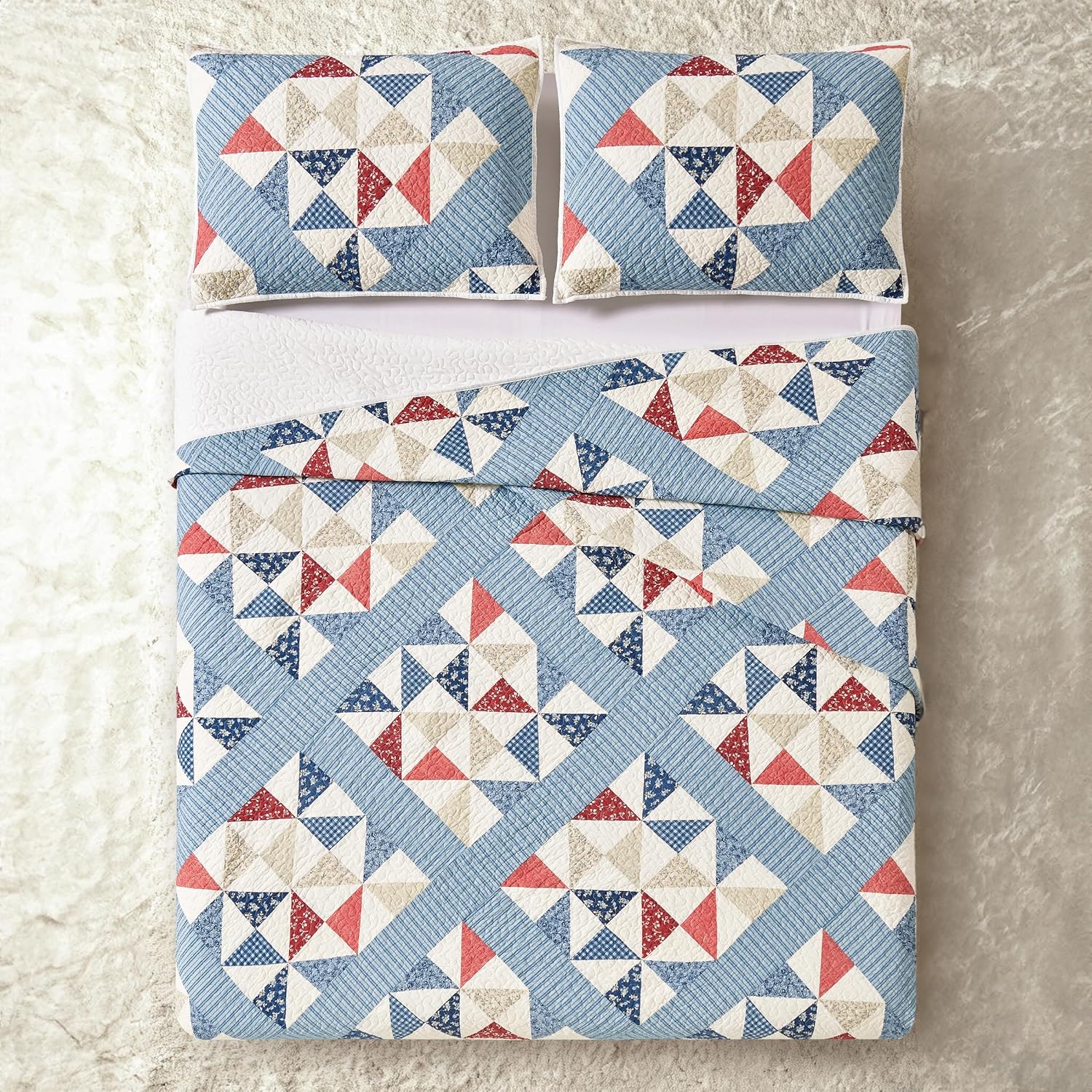 Modern Heirloom Americana Heartland Quilt Set, King, Red White Blue | Pieced Sashing with Printed Star & Pinwheel Blocks| Cotton Face and Fill| 3-Piece