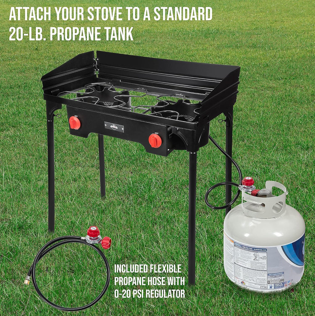 Hike Crew Cast Iron Double-Burner Outdoor Gas Stove | 150,000 BTU Portable Propane Cooktop w/Blue Flame Control, Removable Legs, Temperature Control Knobs, Wind Panel, Hose, Regulator & Storage Case