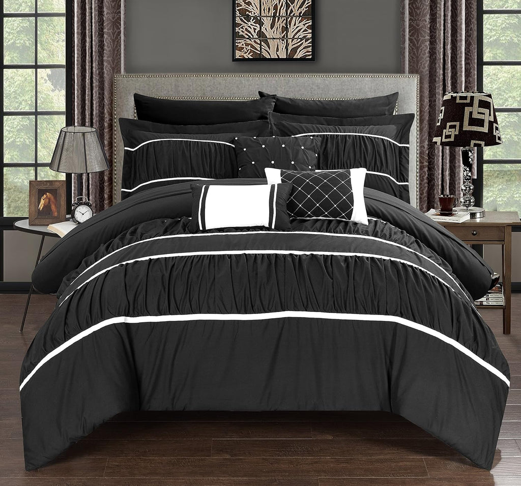 Chic Home CS2119-AN Cheryl 10 Piece Comforter Complete Bag Pleated Ruched Ruffled Bedding with Sheet Set, King, Black