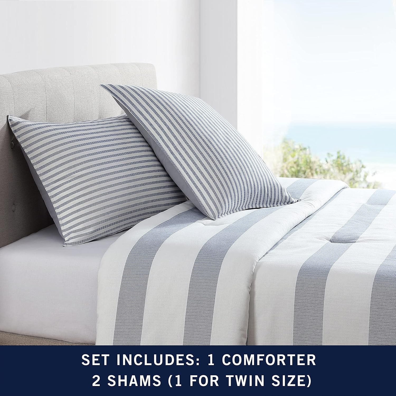 Nautica - King Comforter Set, Soft Yarn-Dyed Cotton Bedding, Medium Weight for Year Round Use, 3 Piece Bed Set with Matching Pillowcases (Fairwater Blue)