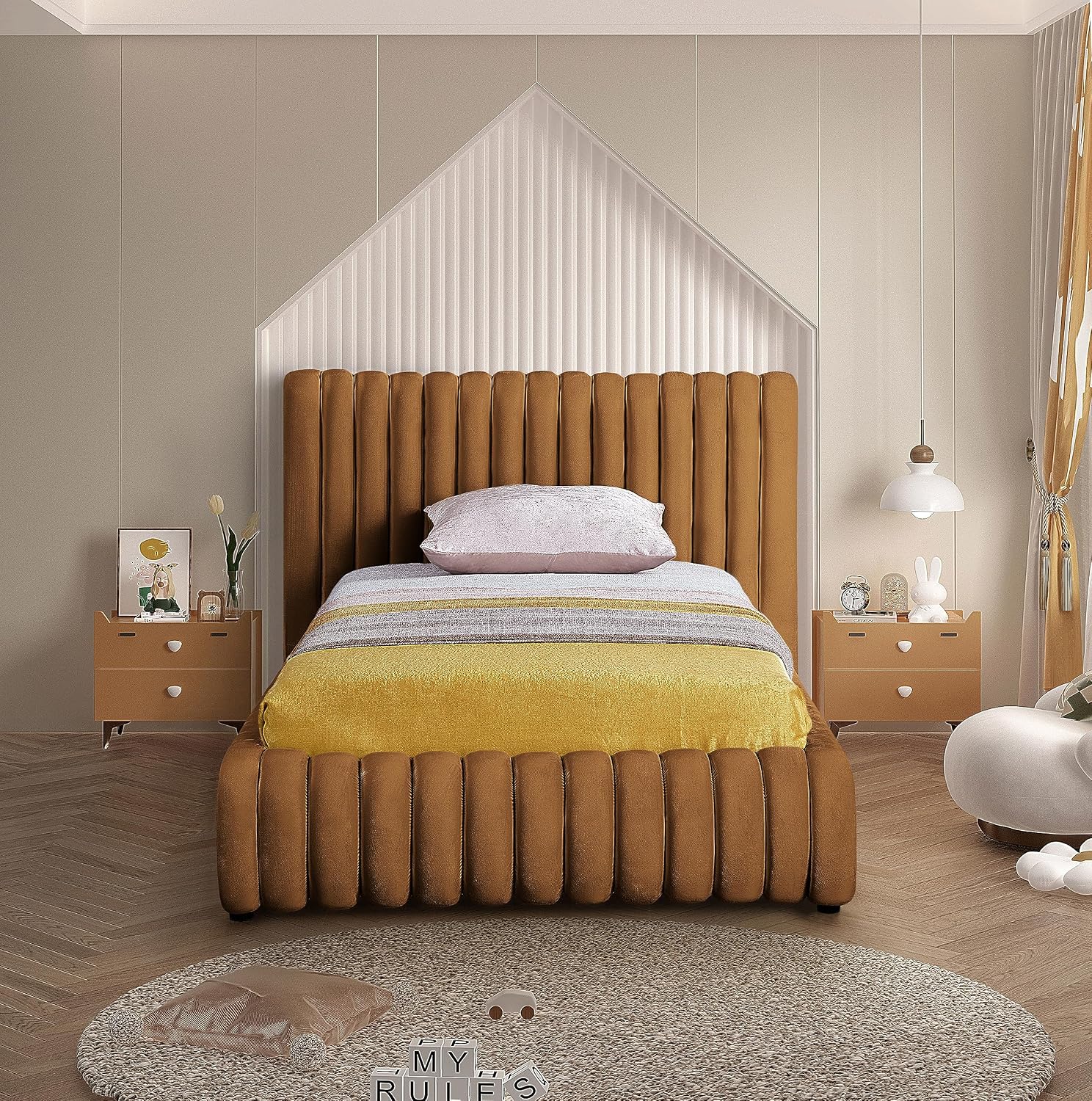 Meridian Furniture NicoSaddle-T Nico Collection Modern | Contemporary Velvet Upholstered Twin Bed with Rich Saddle Velvet and Deep Channel Tufting, 53' W x 86' D x 38' H, Saddle, Twin