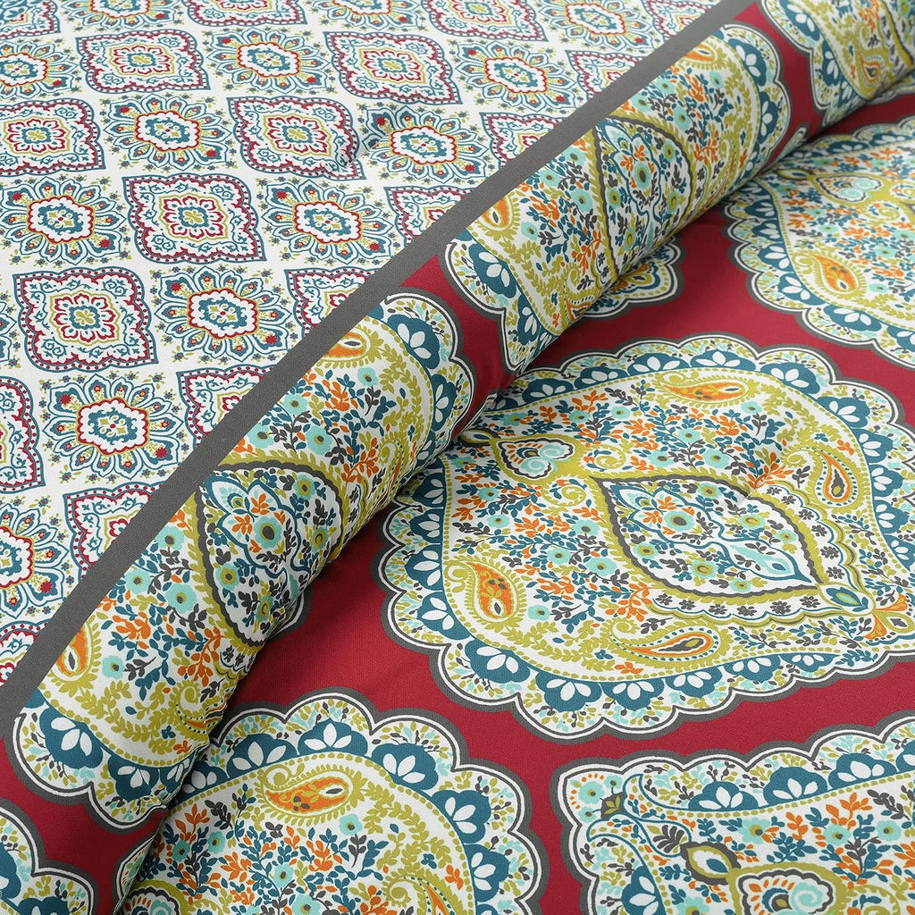 Lush Decor Harley Reversible Comforter King Size 5 Piece Set Red - Boho Bedding Set King Comforter - Red Comforters - Boho Bedroom Decor