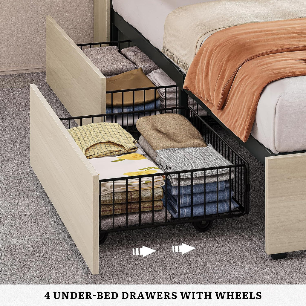 DWVO Farmhouse King Size Bed with 50' Tall Storage Bookcase Headboard, Sliding Barn Door, 4 Storage Drawers, RGB LED Bed Frame w/Type-C&USB Charging Station, No Box Spring Needed, Antique White