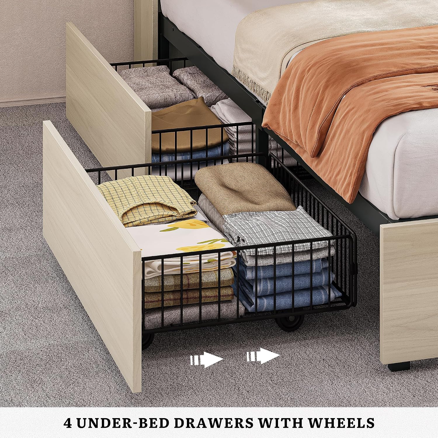 DWVO Farmhouse King Size Bed with 50' Tall Storage Bookcase Headboard, Sliding Barn Door, 4 Storage Drawers, RGB LED Bed Frame w/Type-C&USB Charging Station, No Box Spring Needed, Antique White