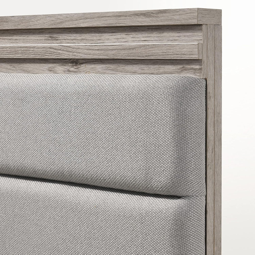 Roundhill Furniture Alvear 3-Piece Upholstered Wood Bedroom Set, Queen Size Panel Bed and Two Nightstands, Weathered Gray