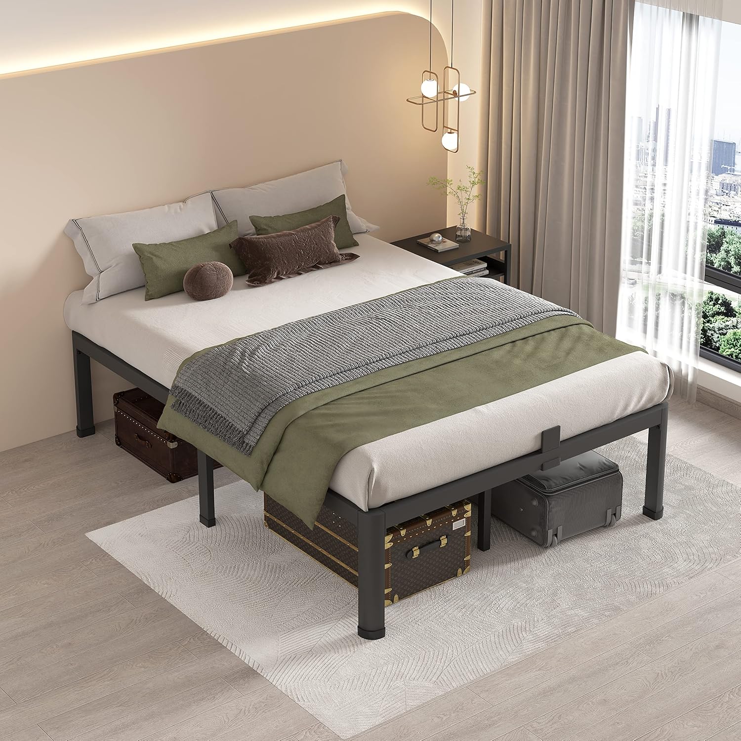MAF 18 Inch Queen Bed Frames with Round Corner Legs Mattress Slide Stopper No Box Spring Needed Heavy Duty Metal Platform Bed Frame Under-Bed Storage Space, 3000 LBS Steel Slats Support
