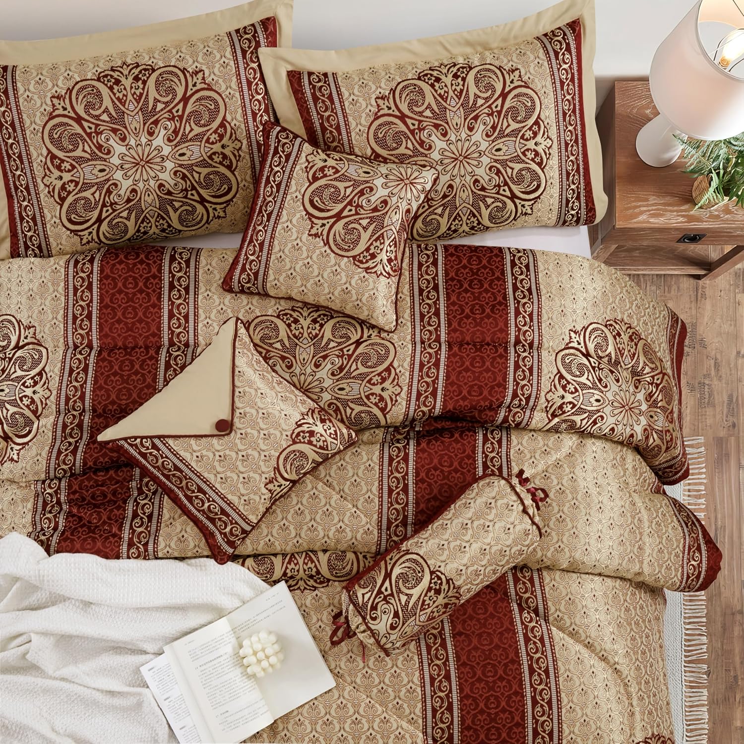 Stratford Park Gold/Wine Bedroom Comforter Sets Queen, 7 Piece, Burgundy Home Decor, Premium Lightweight Microfiber, Bedskirt, Pillows & Shams