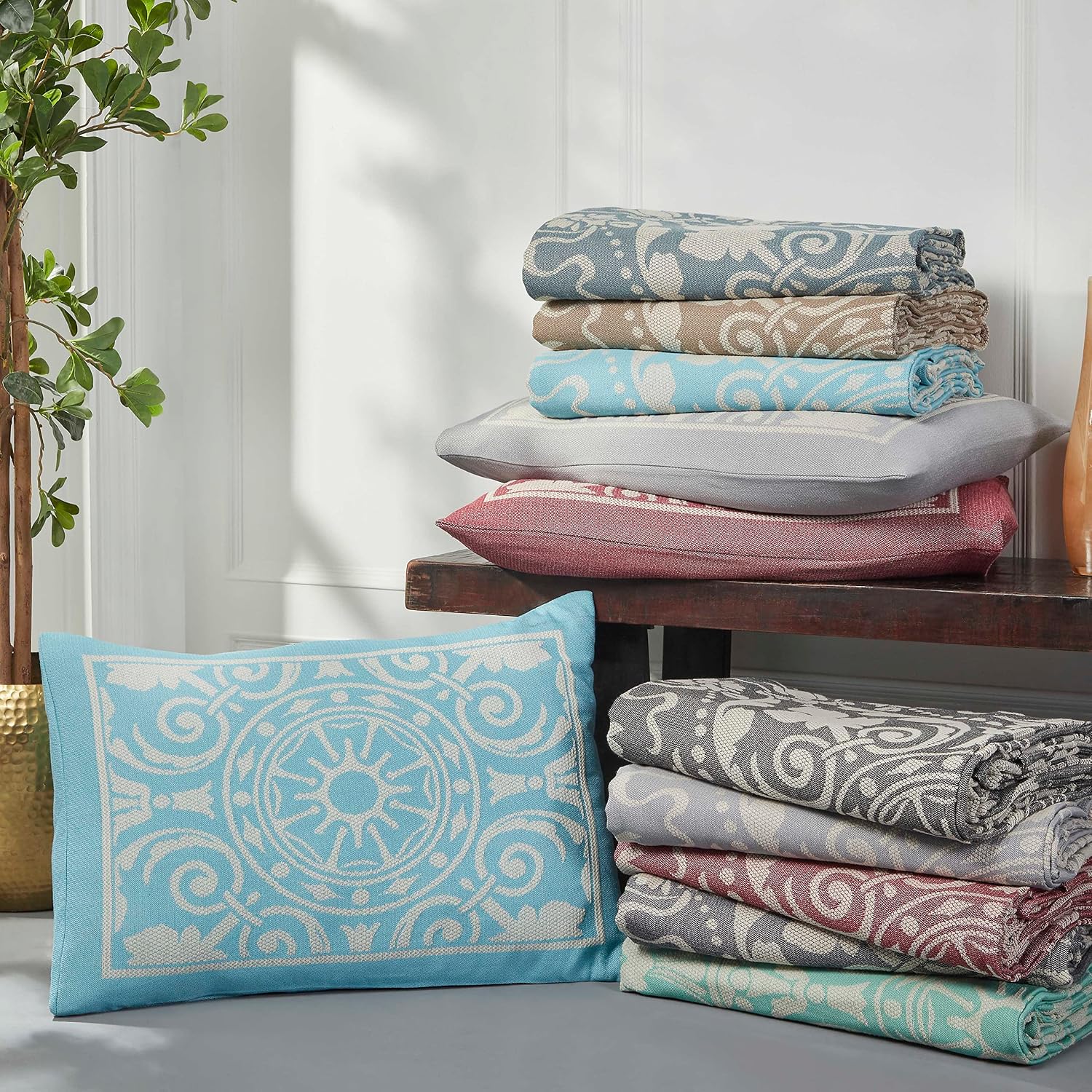 Superior Cotton Blend 3-Piece Bedspread Set, Tailored Bedspread Drape, 2 Matching Pillow Shams, Lightweight Blanket, Jacquard Traditional Medallion Bedding Decor, Adalie Collection, King, Aqua