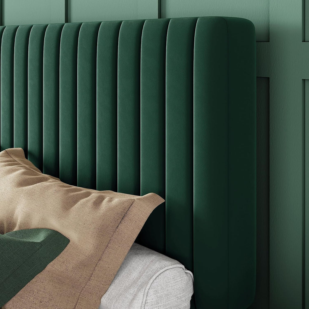Allewie Full Bed Frame, Velvet Upholstered Platform Bed with Adjustable Vertical Channel Tufted Headboard, Mattress Foundation with Strong Wooden Slats, Box Spring Optional, Easy Assembly, Green