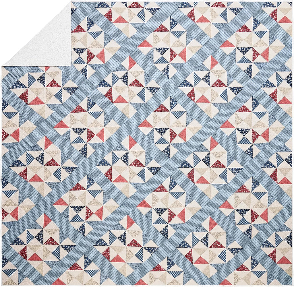 Modern Heirloom Americana Heartland Quilt Set, King, Red White Blue | Pieced Sashing with Printed Star & Pinwheel Blocks| Cotton Face and Fill| 3-Piece