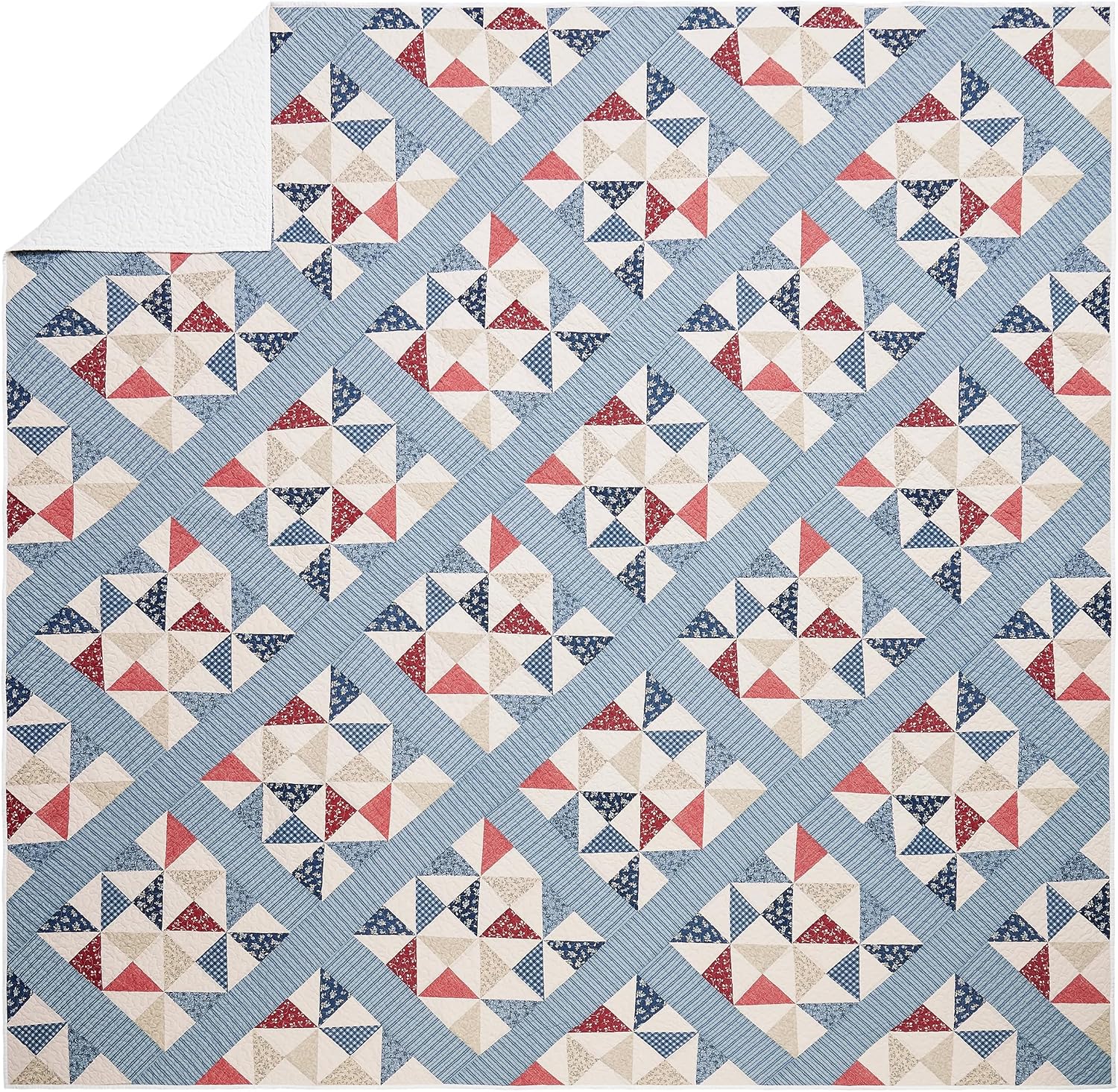 Modern Heirloom Americana Heartland Quilt Set, King, Red White Blue | Pieced Sashing with Printed Star & Pinwheel Blocks| Cotton Face and Fill| 3-Piece