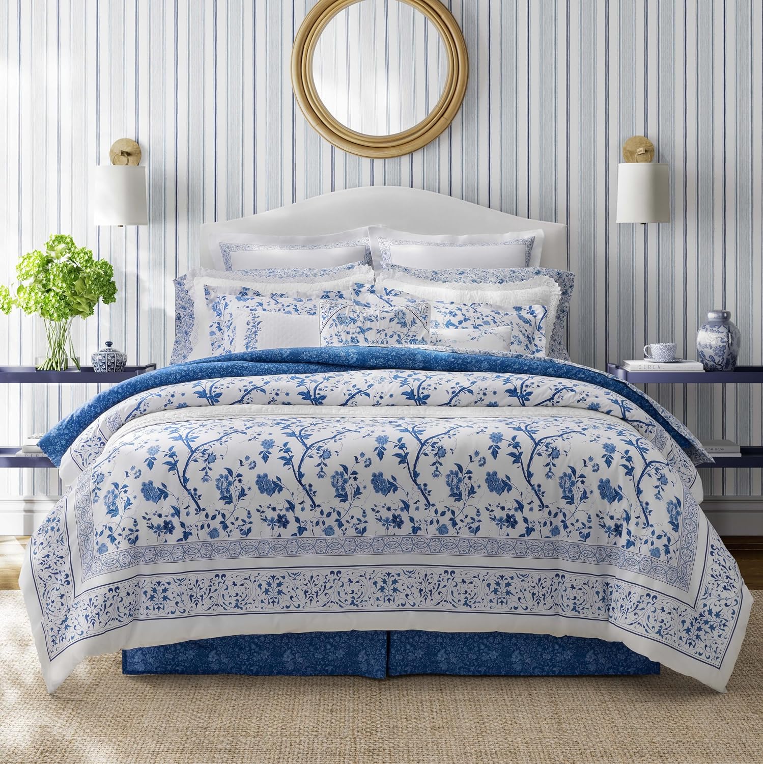 Laura Ashley - King Comforter Set, Soft & Reversible Cotton Bed Set, 4 Piece Floral Bedding with Matching Pillowcases & Bonus Bed Skirt (Charlotte Blue)