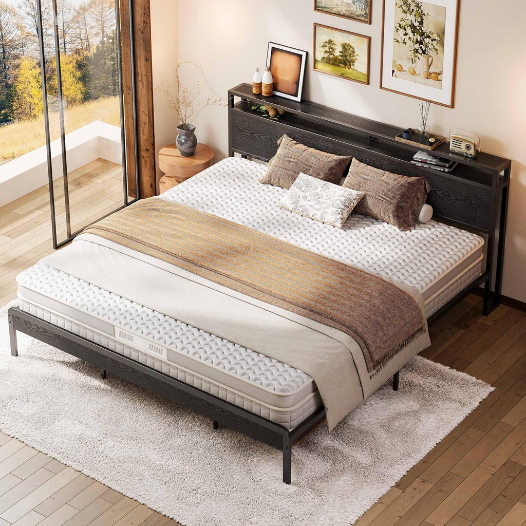 LIKIMIO King Bed Frame with Headboard, Dark Wood Camas King with Strong Supports, Sturdy, Noise-Free, No Box Spring Needed, Black