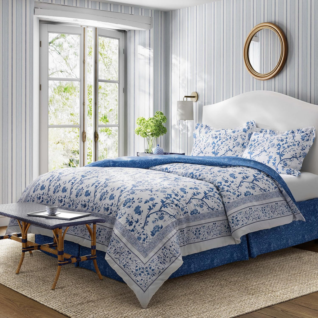 Laura Ashley - King Comforter Set, Soft & Reversible Cotton Bed Set, 4 Piece Floral Bedding with Matching Pillowcases & Bonus Bed Skirt (Charlotte Blue)