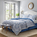 Laura Ashley - King Comforter Set, Soft & Reversible Cotton Bed Set, 4 Piece Floral Bedding with Matching Pillowcases & Bonus Bed Skirt (Charlotte Blue)