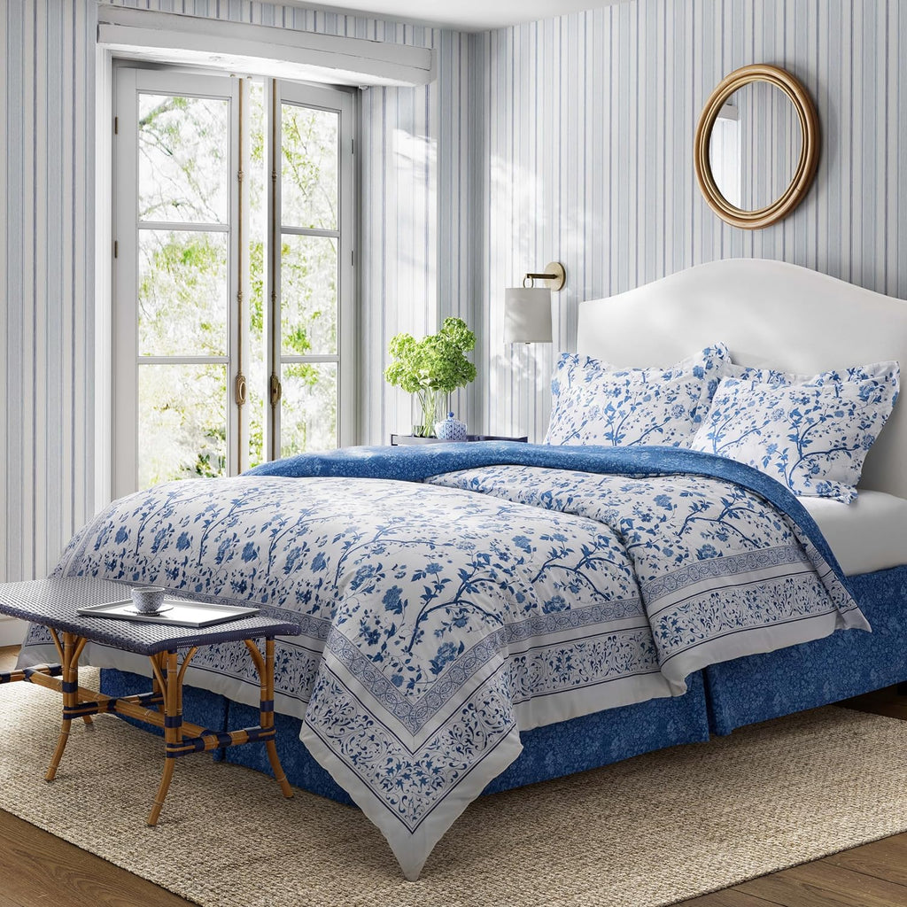 Laura Ashley - Queen Comforter Set, Soft & Reversible Cotton Bed Set, 4 Piece Floral Bedding with Matching Pillowcases & Bonus Bed Skirt (Charlotte Blue)