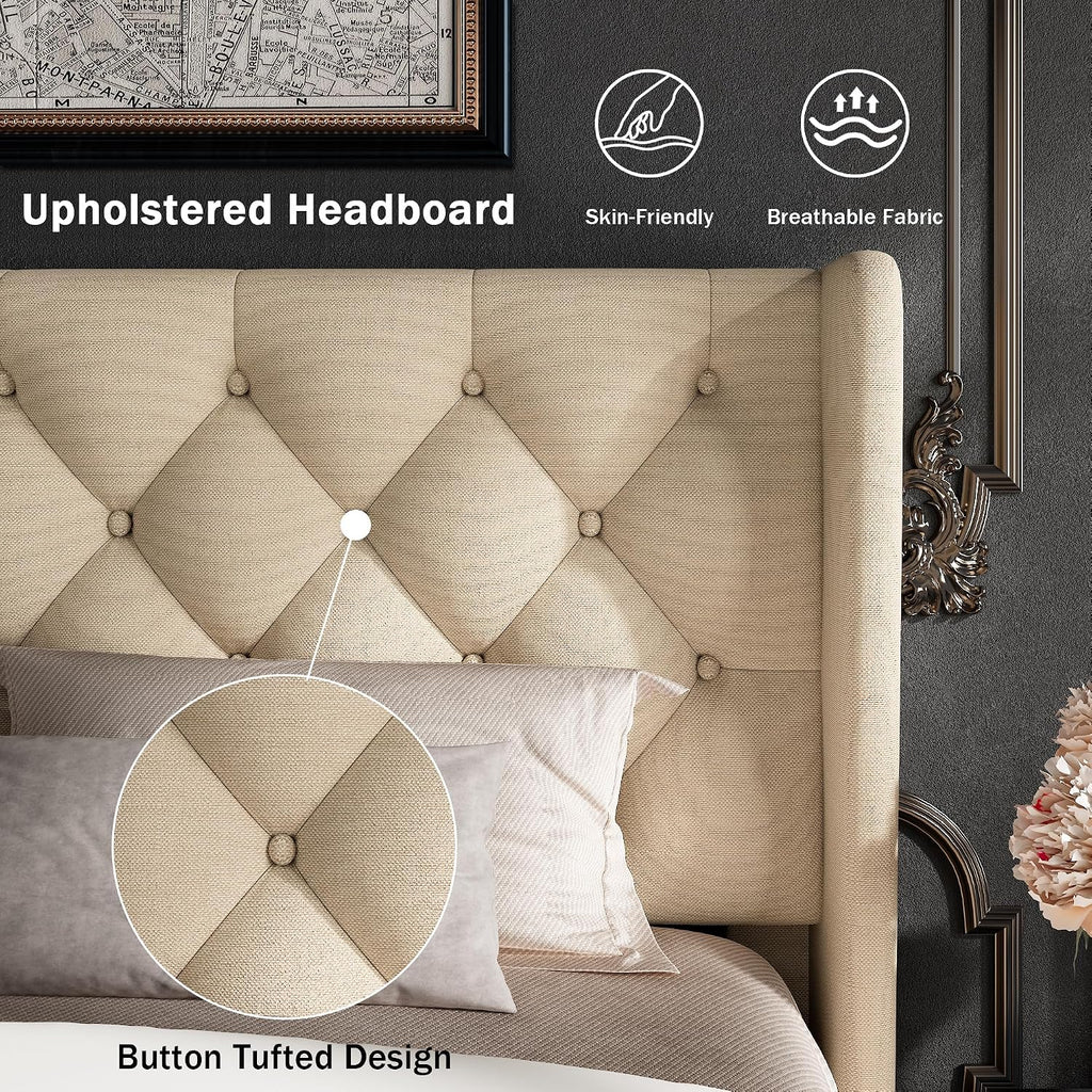 GalnFu Full Size Bed Frame with Button Tufted Headboard, Upholstered Platform Bed Frame with UnderBed Storage, Wooden Slats Supports, Noise Free, No Box Spring Needed, Easy Assembly, Beige